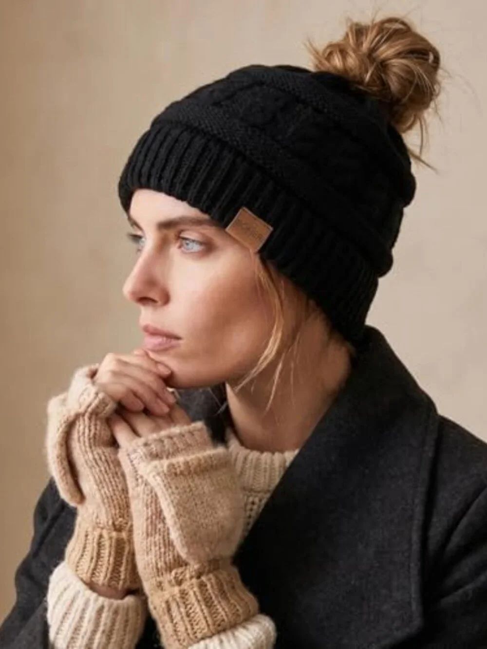 Cozy 2-Pack Women's Cable Knit Ponytail Beanie with Satin Liner - Winter Hats